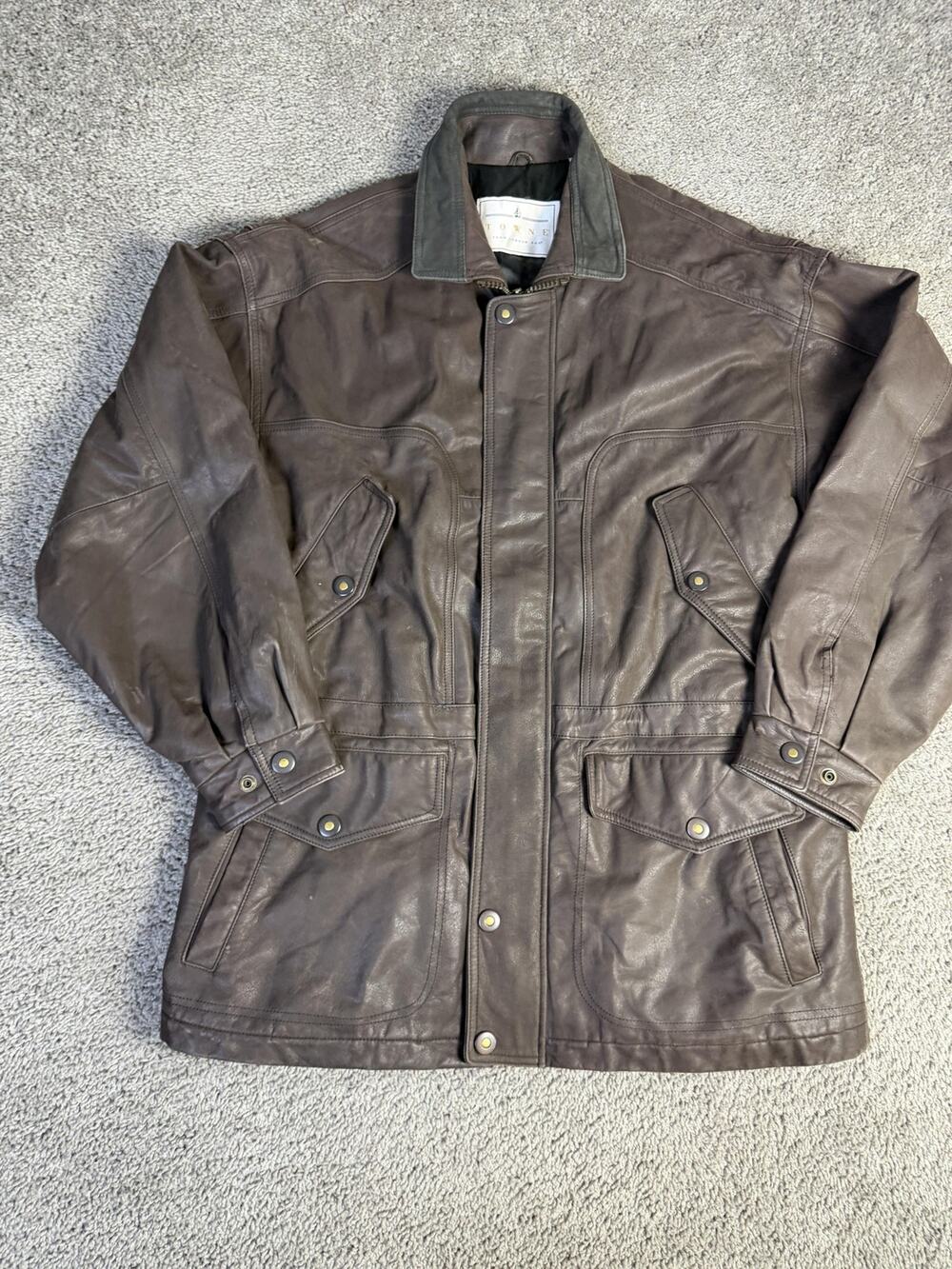 Towne x London Fog Jacket Mens M Brown Leather Overcoat Collared Lined Full Zip